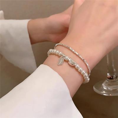 Damen Silber Unausgewogenes Perlen Minimalistisches Mehrschichtiges Armband