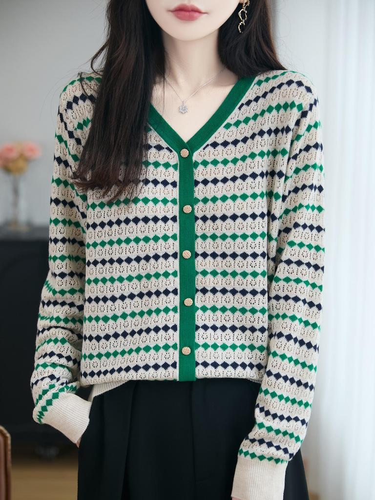 Women's Green Striped Knit Sweater - Autumn/Winter Forest Style