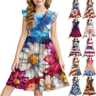 Summer Children's Dress Girls Casual Independence Day Cute Round Neck Princess Dress