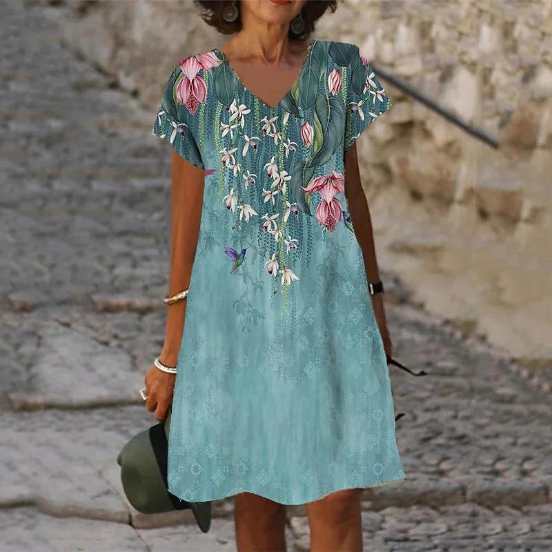 3D Peacock Floral Print Dresses For Summer Women Fashion Short Sleeve V-Neck Loose Dress Vintage Oversized Ladies Dress