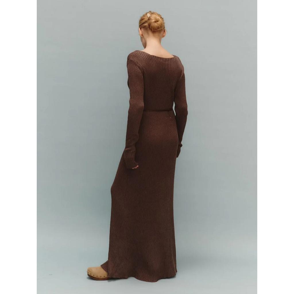 Women's New Solid Color Long Sleeve V-neck Slim Bodycon Knitted Maxi Dress Trendy Elegant Fashion Dresses