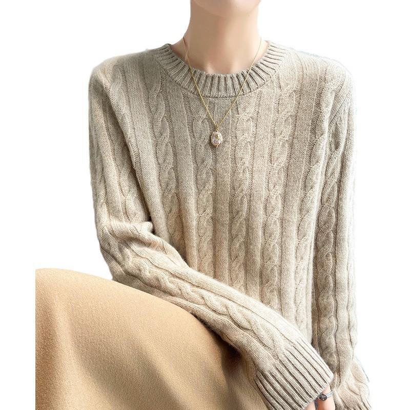 Autumn Winter Women's Thick Cashmere Round Neck Pullover - Retro Cable Knit Soft Sweater