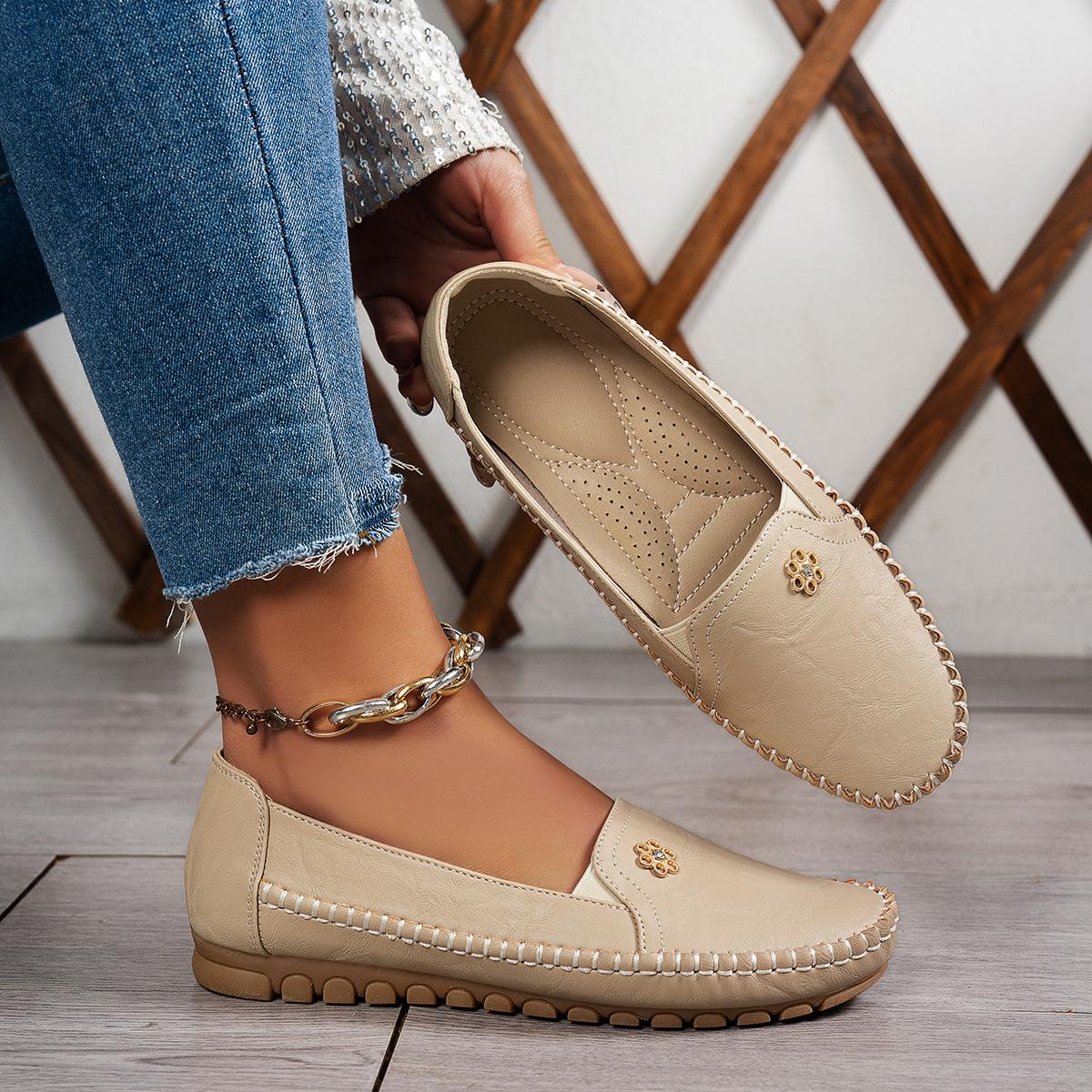 

Women s Casual Leather Moccasins Breathable Insole Non-Slip Sole Daily Wear Loafers 36 бежевий