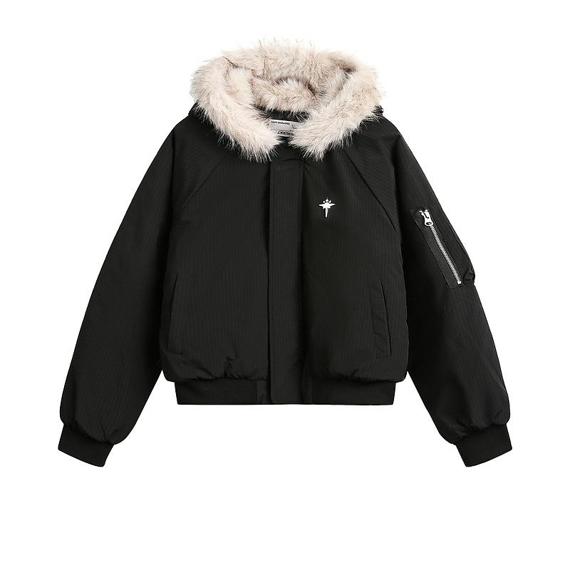 

Unisex Short Winter Cotton Jacket with Thick Fur Collar Hood XL чорний