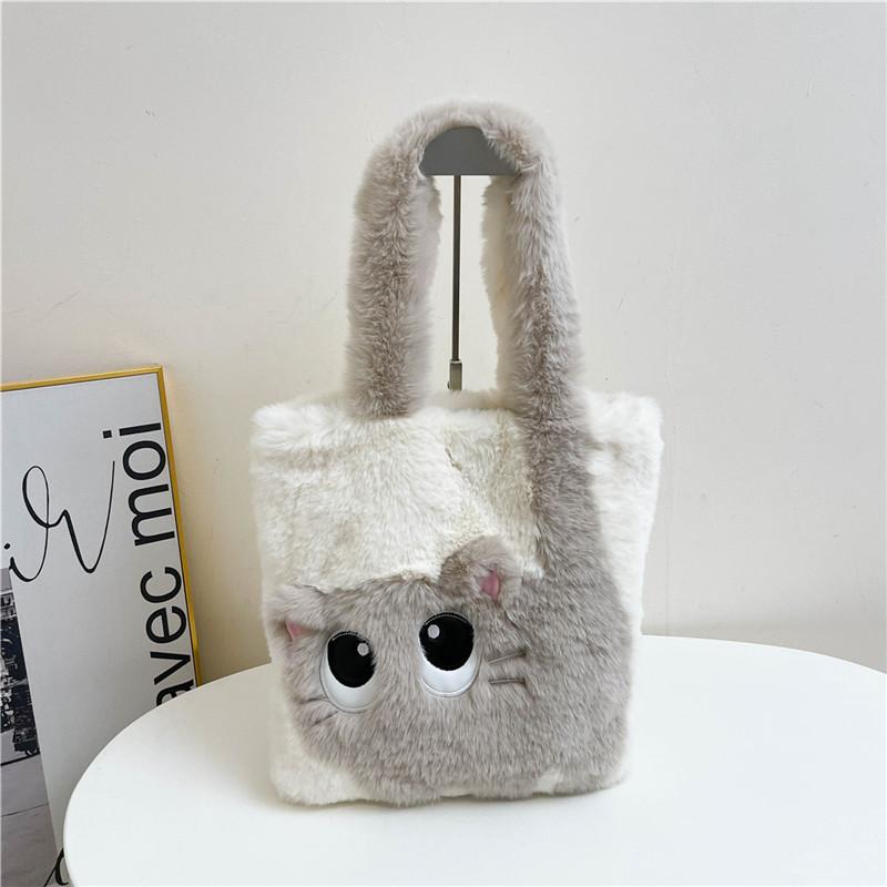 Fashion Cute Plush Cat Pattern Shoulder Bag, Autumn Winter Chic Plush Tote Bag for Women, Cartoon Cat Soft Faux Fur Handbag