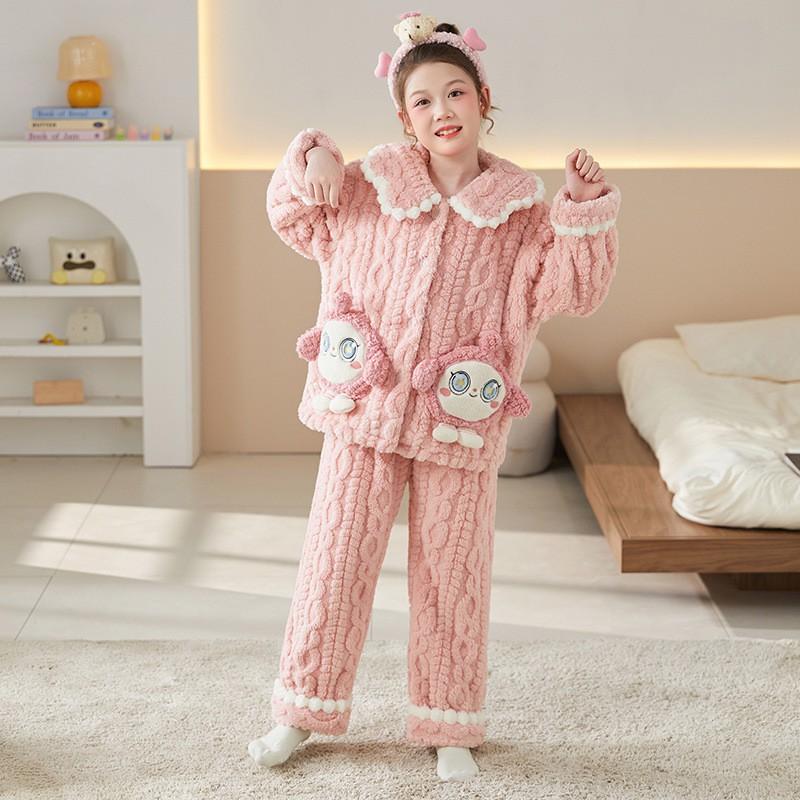 Girls Winter Coral Fleece Pajama Set Long Sleeve Hooded Sleepwear Kids 8 Years Soft Warm Home Outfit