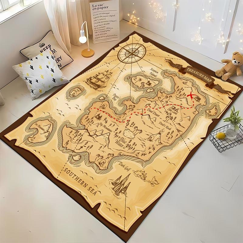 Treasure Map Pattern Carpet for Living Room, Pirate Adventure Decor Suitable for Use As an Anti-slip for Living Room Bedroom Sofas