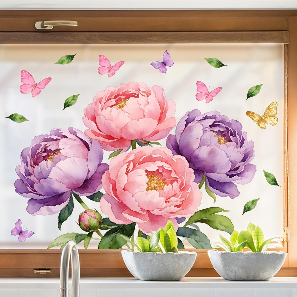 Creative Peony Butterfly Static Cling Window Glass Film Sticker for Bedroom Living Room Balcony Study Home Decor