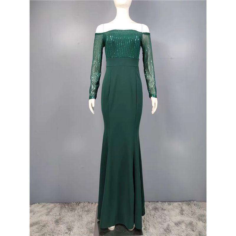 

French Elegant Heavy Embroidery Sequins Shiny off-Neck Long Sleeves Tight Waist Hip-Wrapped Dress Annual Party Evening Dress Green XL