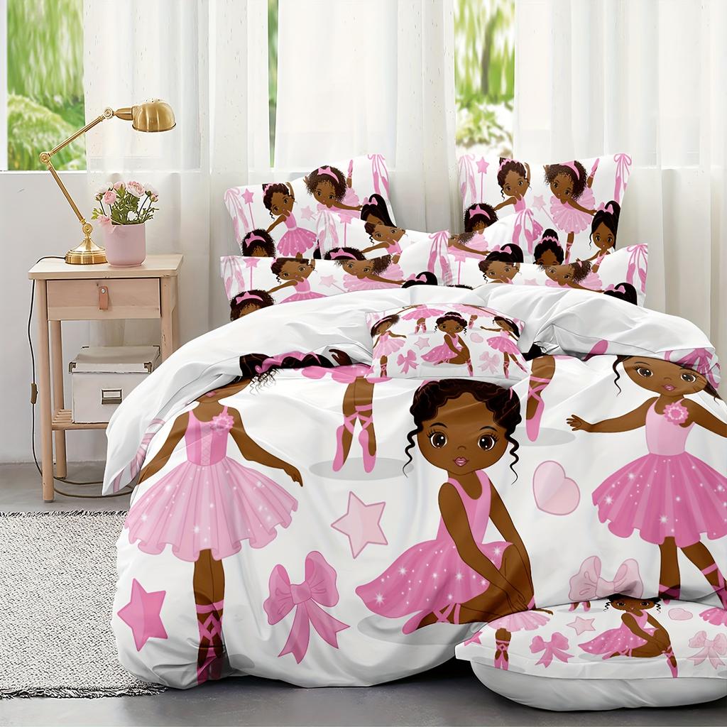 Ballet-Themed Cartoon Pink Flower Bedding Set For Little Girls, Featuring Washable Ultra-Fine Microfiber Duvet Cover Set