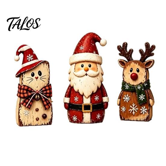Small Decorative Figurines for Home Christmas Wooden Tabletop Figurine, Hand Painted Santa Reindeer Cat Decor, Rustic Festive Crafts Wood Holiday