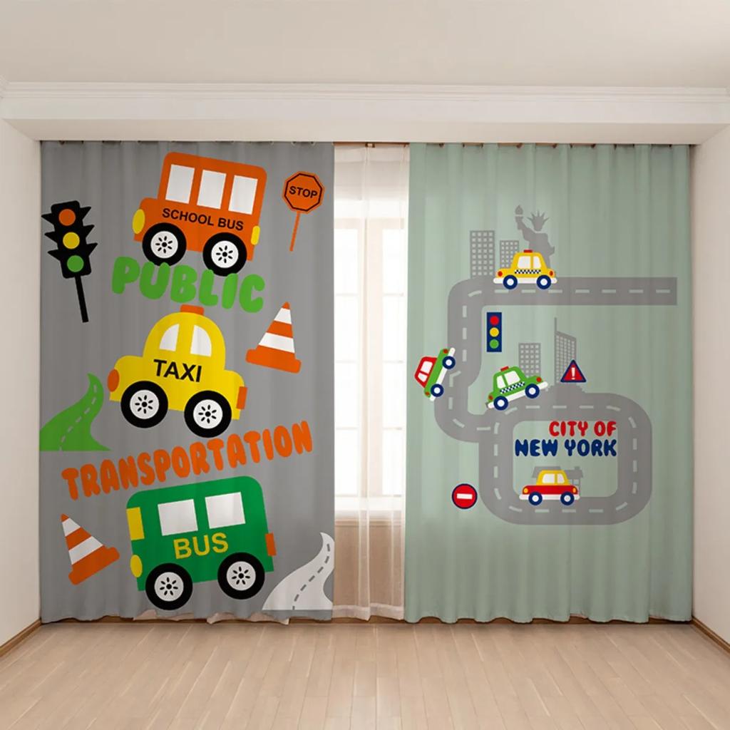 Ny Söt Blå Gul Leksaksbil Grävmaskin Gardin för Barnrum Pojksovrum Babyrum Fönster 2 Paneler Hög Skuggning Nytt Mönster