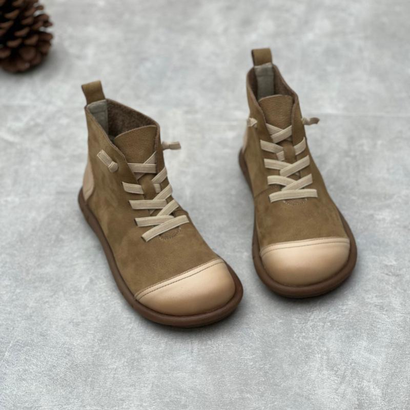 Johnature bottes courtes rétro en cuir de vache faites à la main, bout rond, sangle élastique, chaussures décontractées en cuir véritable pour femmes