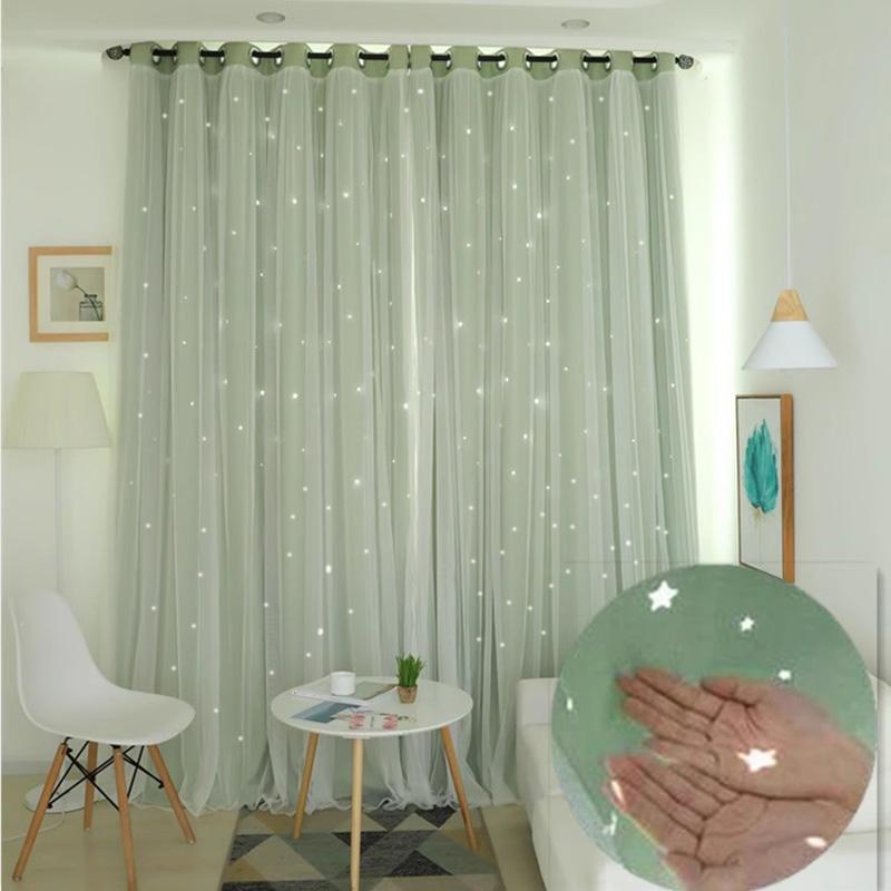 1pc Korean-style Double-layer Integrated Lace Blackout Hollow Star Curtain, Ready-made for Bedroom and Living Room