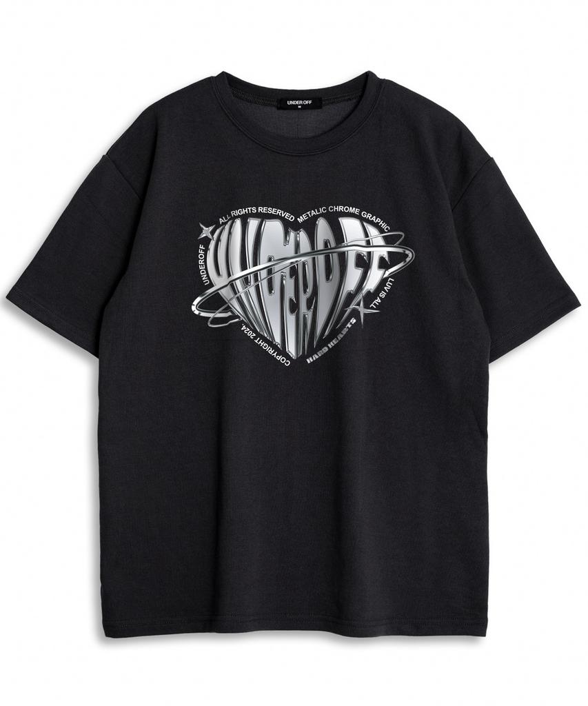 Under Off Oversized Crew Neck Metallic Chrome Heart Logo Short Sleeve T-Shirt White