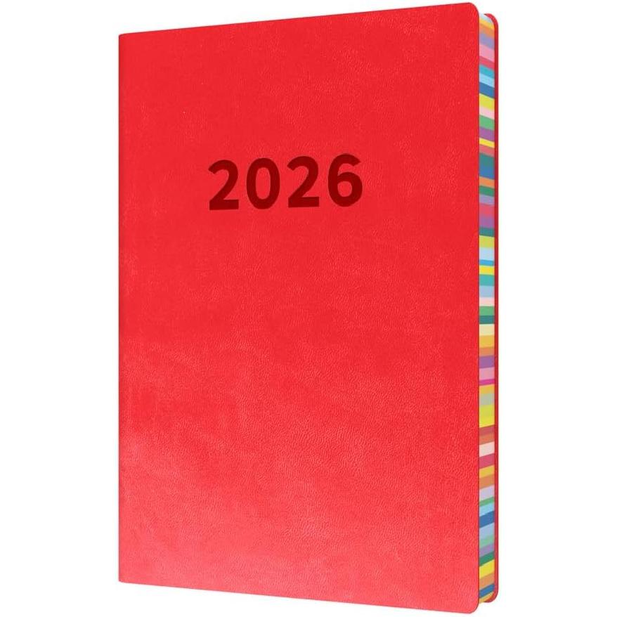 Coll - Edge Rainbow - 2026 12 Month Calendar Year Planner, Day-To-Page with 1/2 Hourly Appointments Diary, A5 Soft Cover - Red (ED151.U15-26)