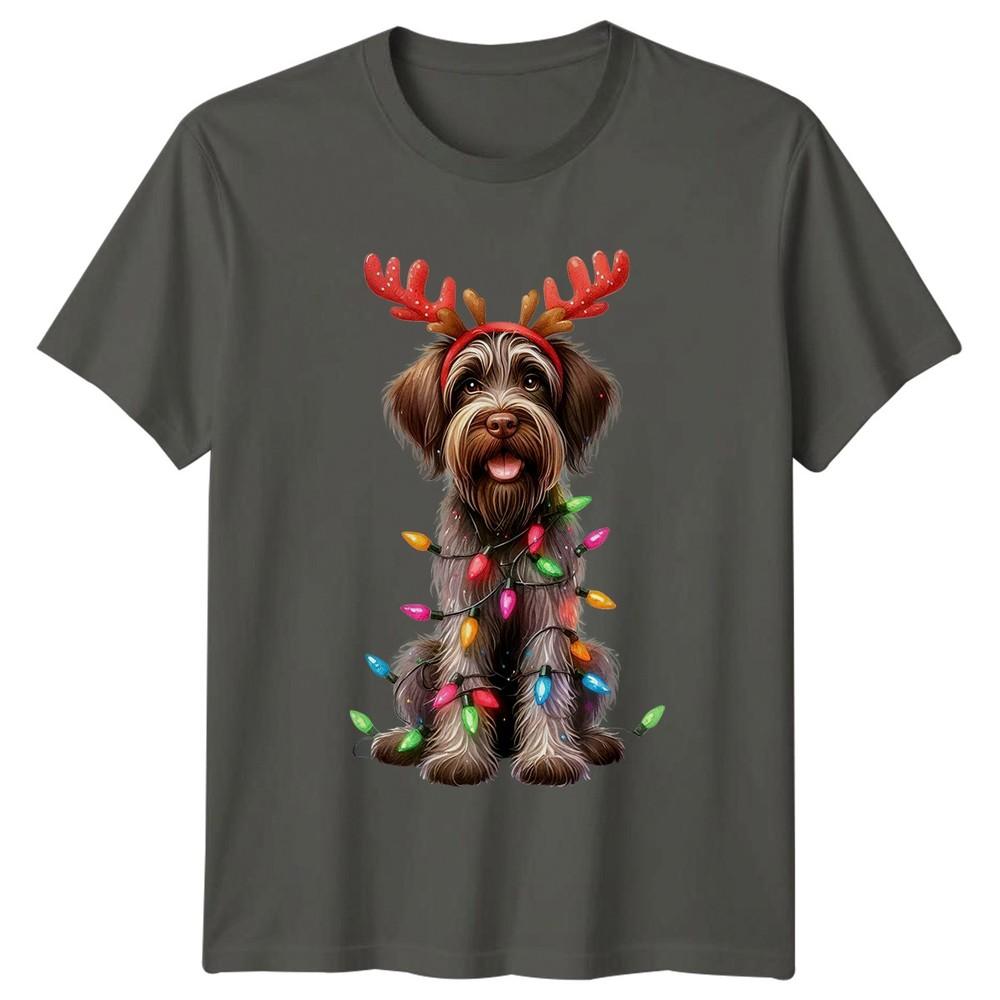 Wirehaired Dog Christmas Lights Antlers Holiday Animals Unisexs TShirt Unisexs Tee S