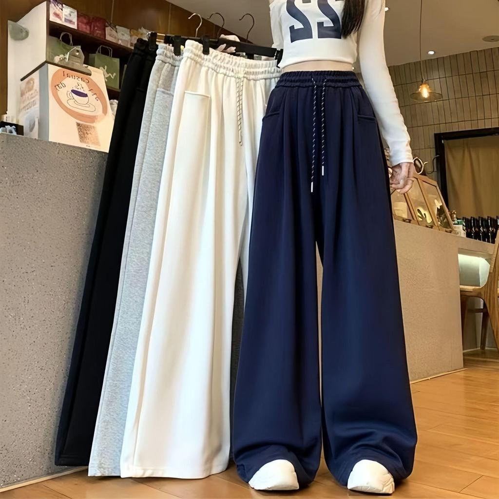 2025 Spring Women's High Waist Loose Wide-Leg Cotton Pants with Drawstring