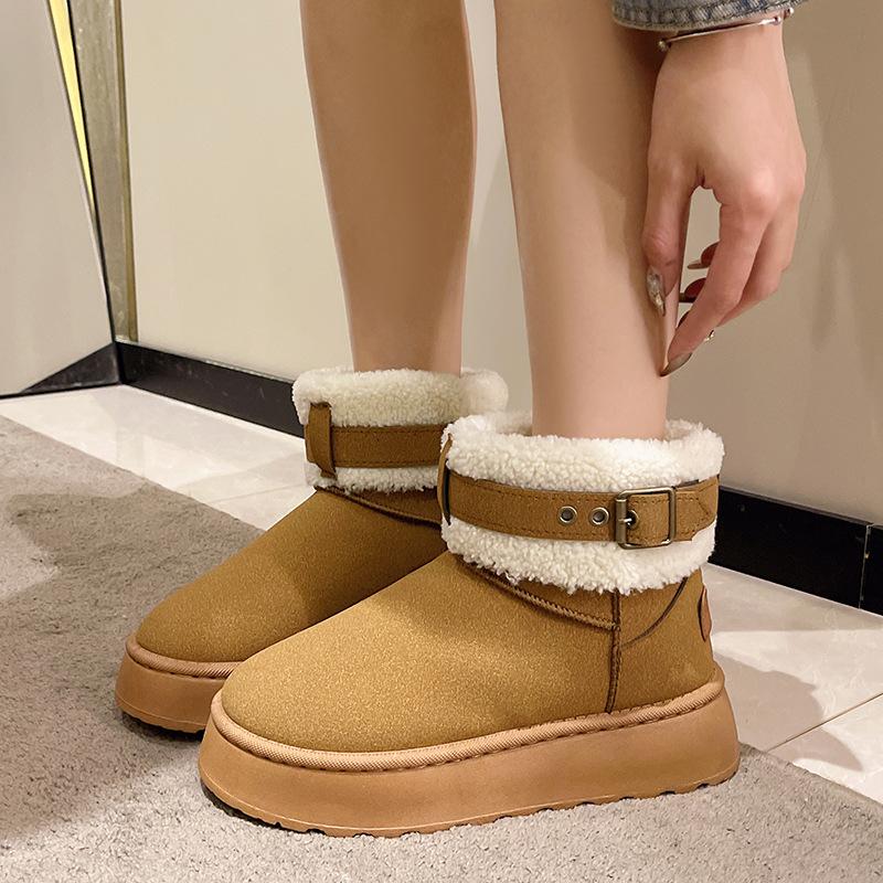 Dammode Stövlar Dam Plus Size Mocka Snökängor Casual Kort Skaft Sponge Cake Tjocksulade Bomullsstövlar Päls Plysch Sammetsskor 36-41