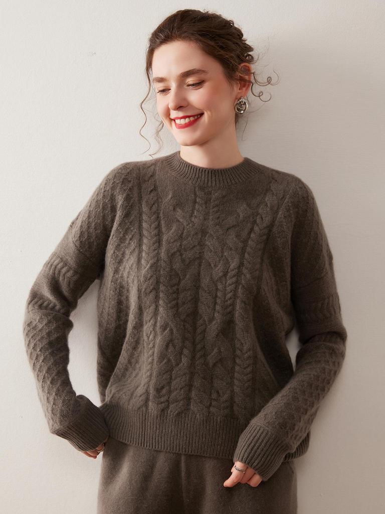 Women's Three-Ply Cashmere Sweater – Loose, Soft, Fluffy, Round Neck Pullover, Versatile Cable Knit for Autumn/Winter.