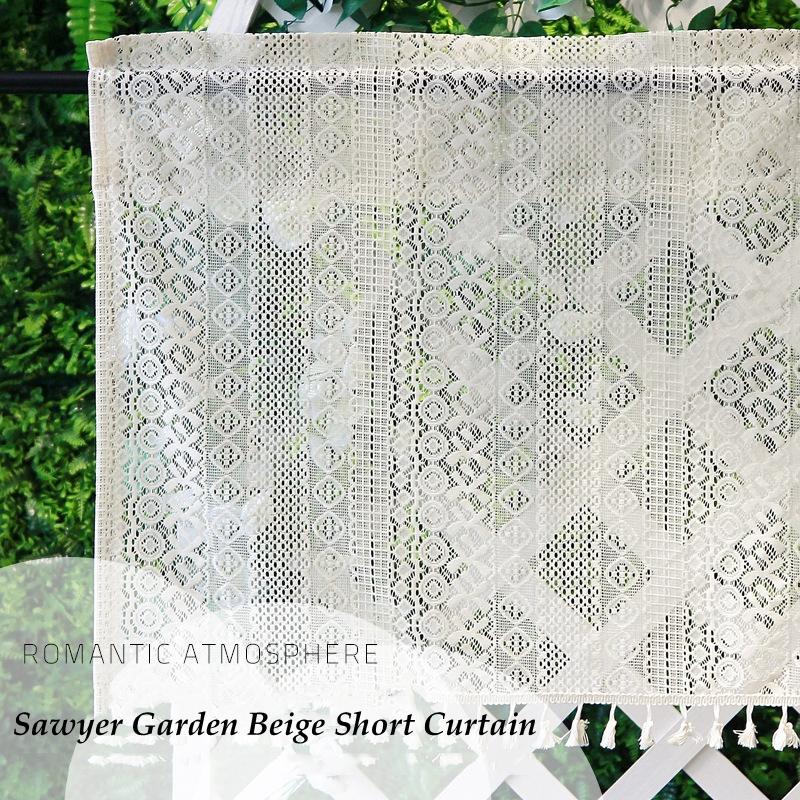 

Retro Cotton Linen Kitchen Short Curtains Crochet Lace Hollow Tassel Beige Valance Curtains Cafe Kitchen Door Window Drapes W60 x H30cm&Threading Rod