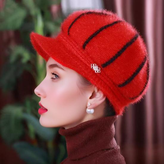 Women Winter Hat Thick Warm Knitted Hat Soft Velvet Slouchy Cap with Visor Brim for Middle-Aged And Elderly Ladies