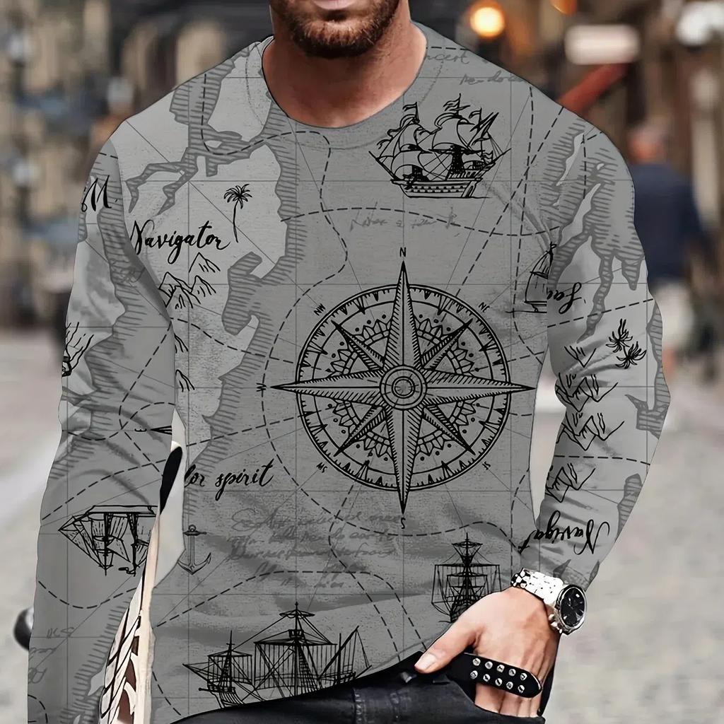 Compression Shirt Vintage Men's O-Neck Long Sleeved T-Shirt Nautical Print Tops Fitness Sunscreen Quick Dry Breathable T Shirts