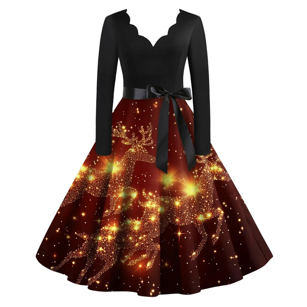 Women's Casual Fashion Christmas Printed V-Neck Vintage Dress