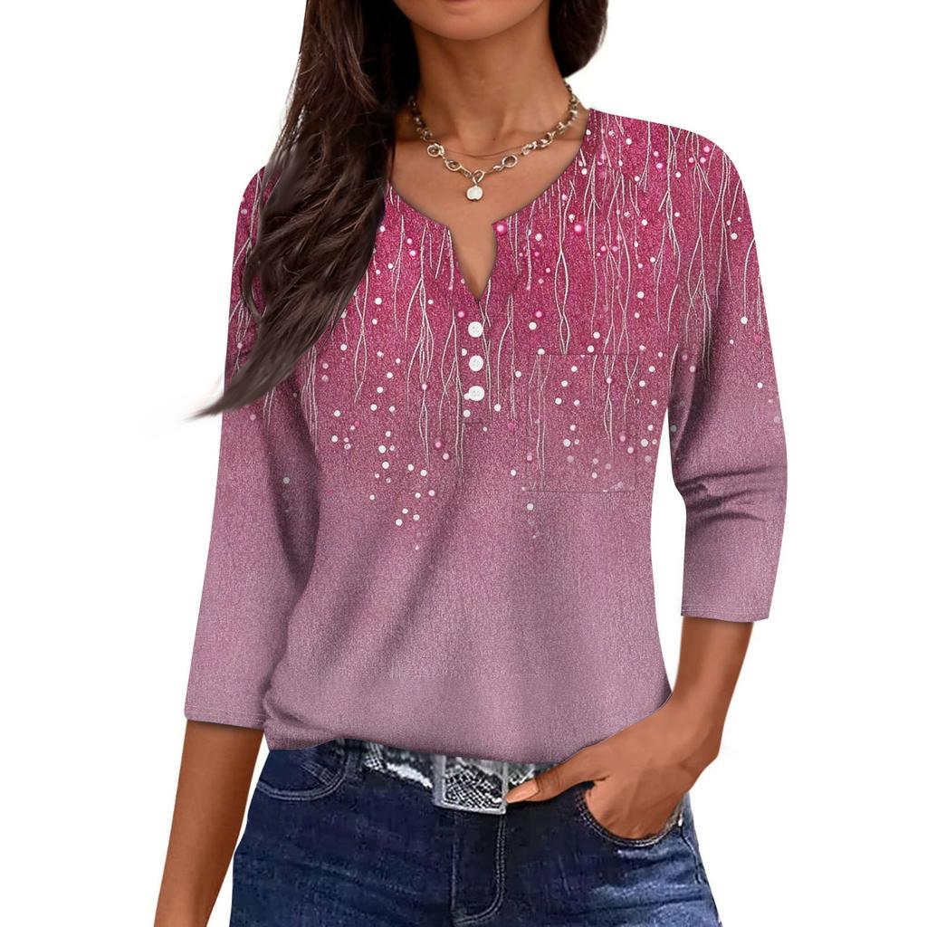 Damska Codzienna Modna Dekolt V Luźna Wszechstronna Kwiatowy Wzór Rękawy Trzyczwarte