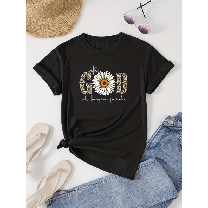 Round Neck Short-sleeved T-shirt with Lettering and Floral Patterns, Suitable for Casual Women's Wear in Spring and Summer