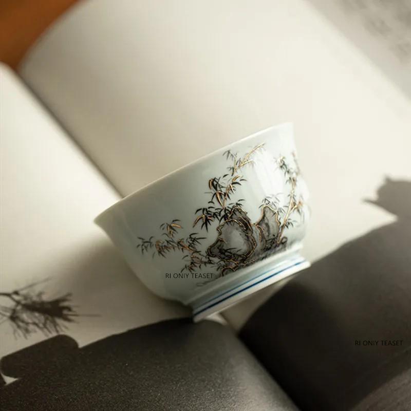 1 Pc Chinese Blue and White Ceramic Tea Cup Handmade Landscape Bamboo Leaf Teacup Porcelain Tea Bowl Teaware Master Cup 130ml