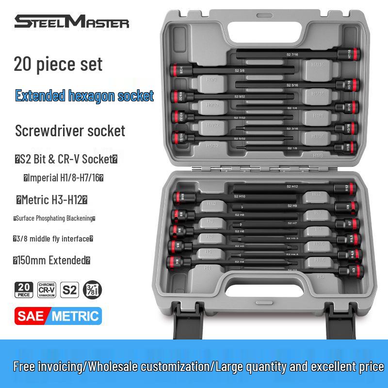 20-Piece 3/8 Extended Metric & Imperial Hex Socket Screwdriver Set with Mid-Fly Internal Hex Bits & Wrench Tools