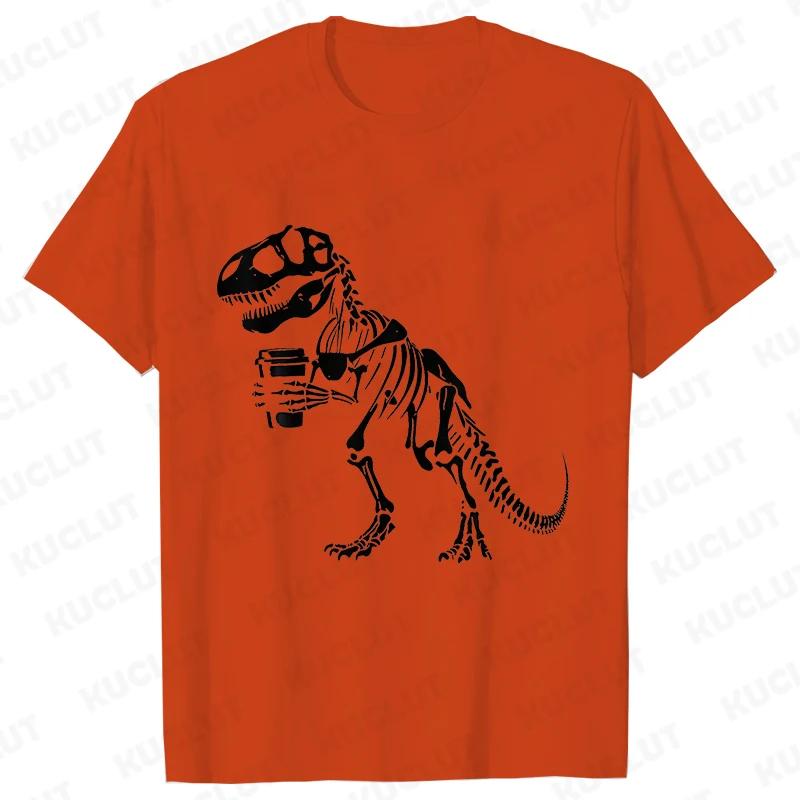 Funny Skeleton Dinosaur Shirt for Men Dinosaur Coffee T-shirts Short Sleeve Fashion Casual Funny Tee Skeleton Halloween Shirts