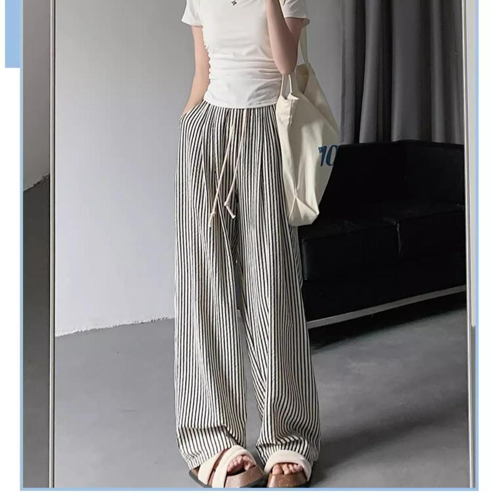 Women's Slimming High Waist Striped Pants: Black/White, Loose Straight-Leg, Petite 145, Wide-Leg, Summer 2025 Collection