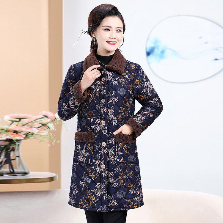 Floral Cotton-Padded Jacket with Fleece for Middle-Aged and Elderly Women - Mid-Length Winter Coat