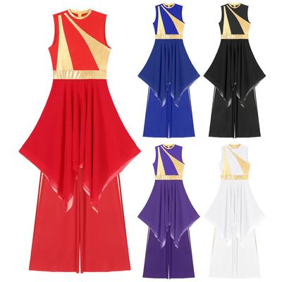 Liturgical Praise Dance Outfit for Women Metallic Asymmetric Overlay Dress with Pants Worship Spiritual Costume