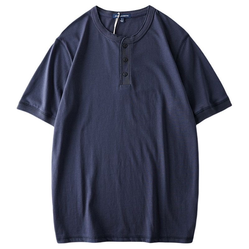Export Tail Single Cut Label American Heavy Weight Henley Shirt Short Sleeve Men's Henry Collar Hard Han Style T-shirt Menswear Clothing Tops