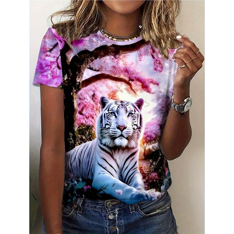 

Ladies Casual Short Sleeved T-shirt - White Tiger and Cherry Blossom Full Body Print for Spring, Summer, and Autumn Fashion Styles XL