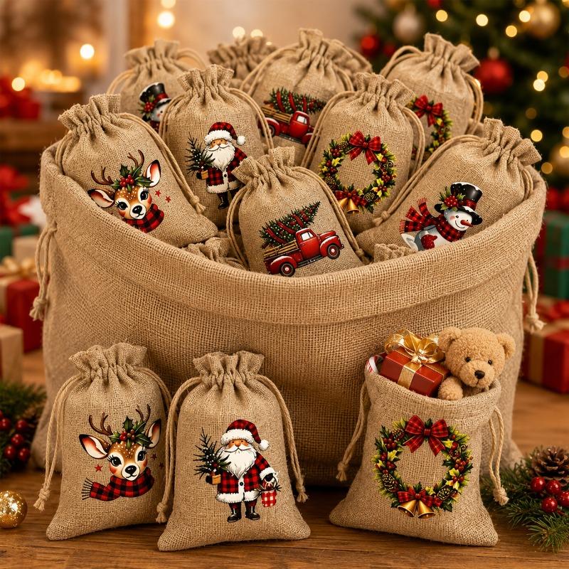 5/12pcs Christmas Jute Drawstring Gift Bags Reusable Holiday Treat Pouches Christmas Party Gift Wrapping Bags Tree Hanging Decorations