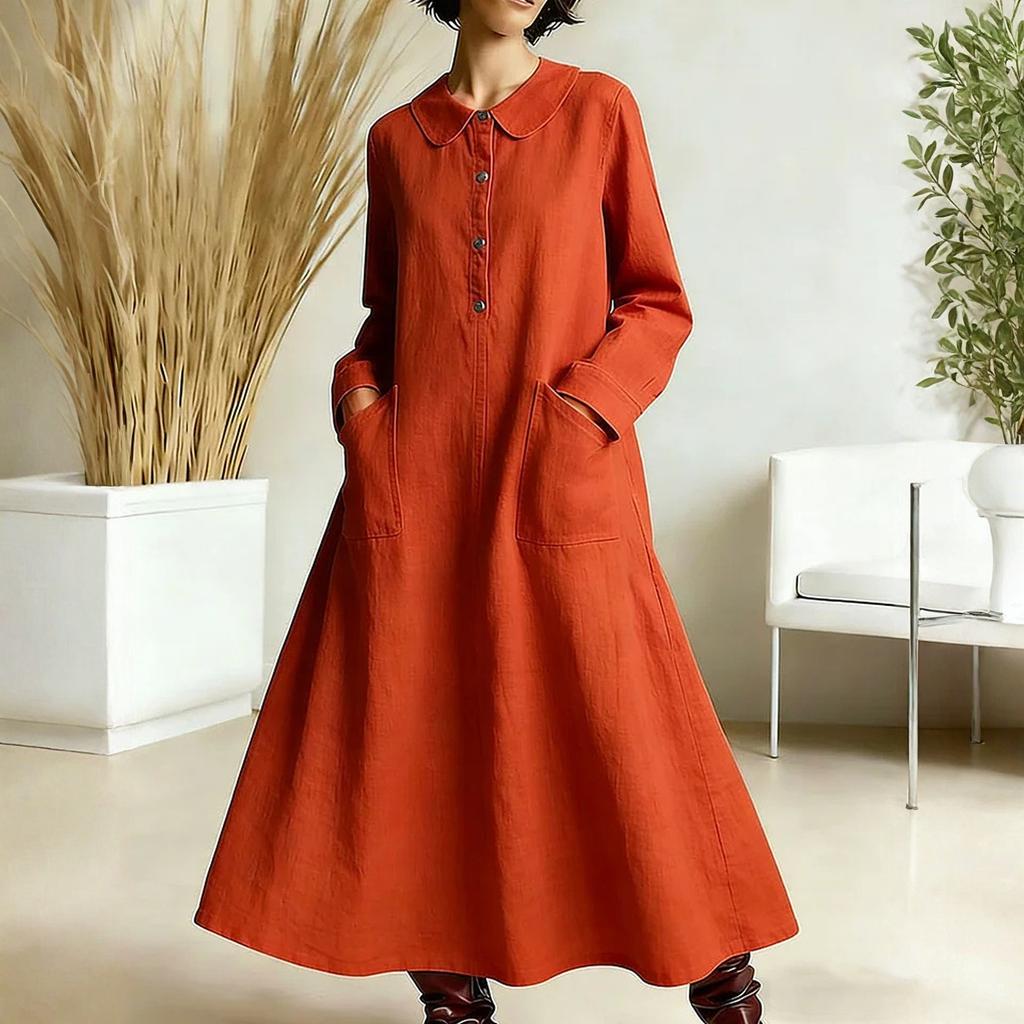 Women's -color Mid-length Loose-fitting Dress With Large Pockets And Casual