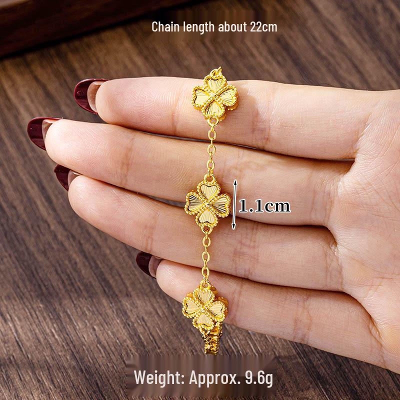 Vietnam Gold-Plated Clover Necklace, Ring & Five-Flower Bracelet Set