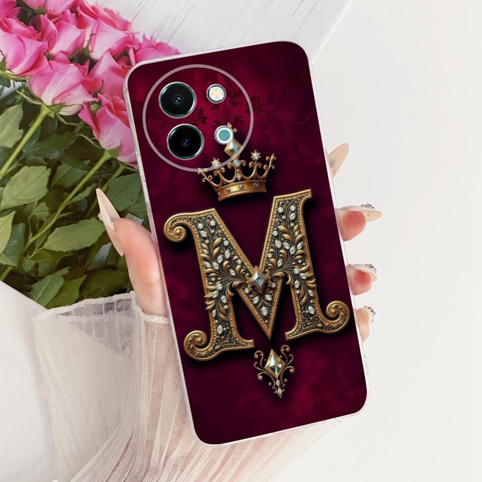 Für Vivo Y38 5G Hülle Abdeckung Transparent Luxus Krone A-Z Buchstaben 2D Flaches Muster Weiche Handyhülle Für VivoY38 5G Bumper