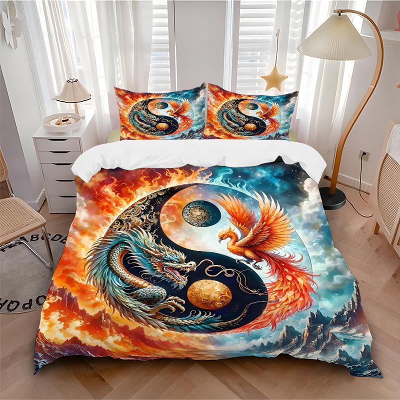 3pcs Dragon and Phoenix In Cosmic Balance Quilt Set Cartoon Themed Bed Quilt Set Lovely Character Bedroom Decor Bed Quilt Set Four Seasons (1 Cov