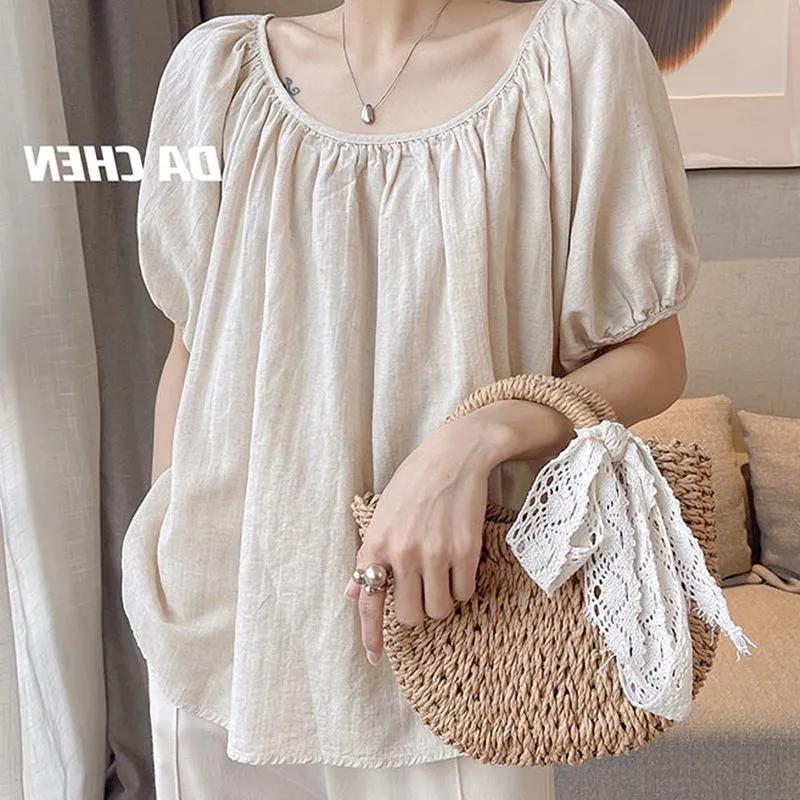 

Women s Beige Linen Blouse Square Neck Puff Sleeve Casual Loose-Fit Top L абрикосовий