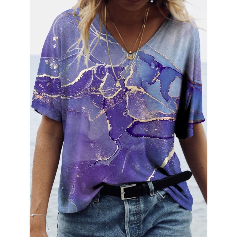 Summer Women's Trendy Rose 3D Printed Short Sleeved V-neck T-shirts