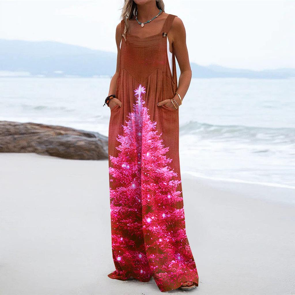 Women's Christmas Print Solid Wide Leg Strapless Tank Pocket Casual Onesie