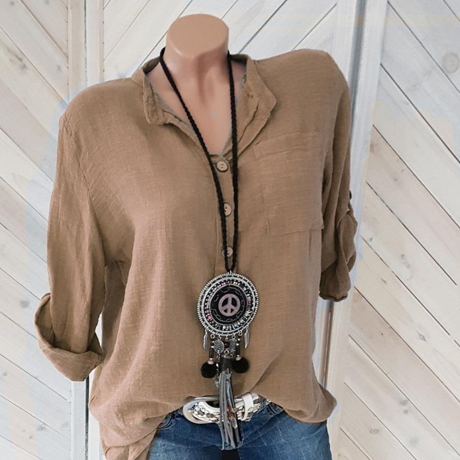 Taglia Asiatica Bottoni Collo Alto Pullover T-shirt Top Larghi Manica Lunga Arrotolabile Camicie Donna Traspiranti Cotone Morbido Bluse