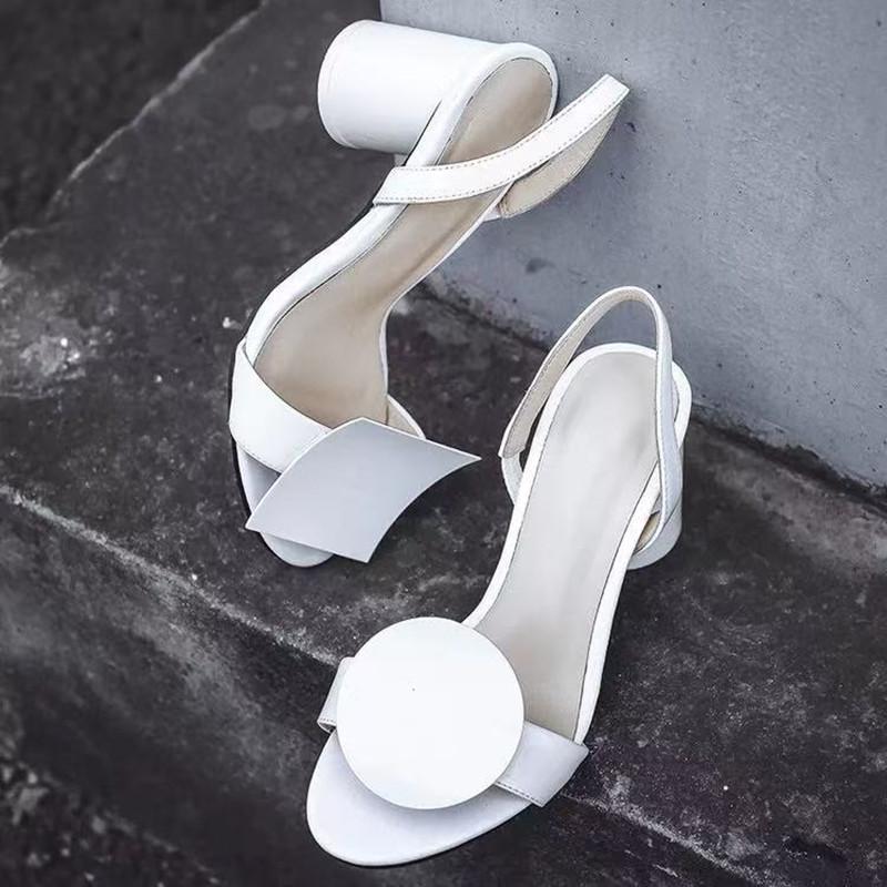 Fashion Fashion Asymmetrical Geometric Decor Women Sandals Summer Comfortable Thick High heels White Leather Slingbacks Female Shoes