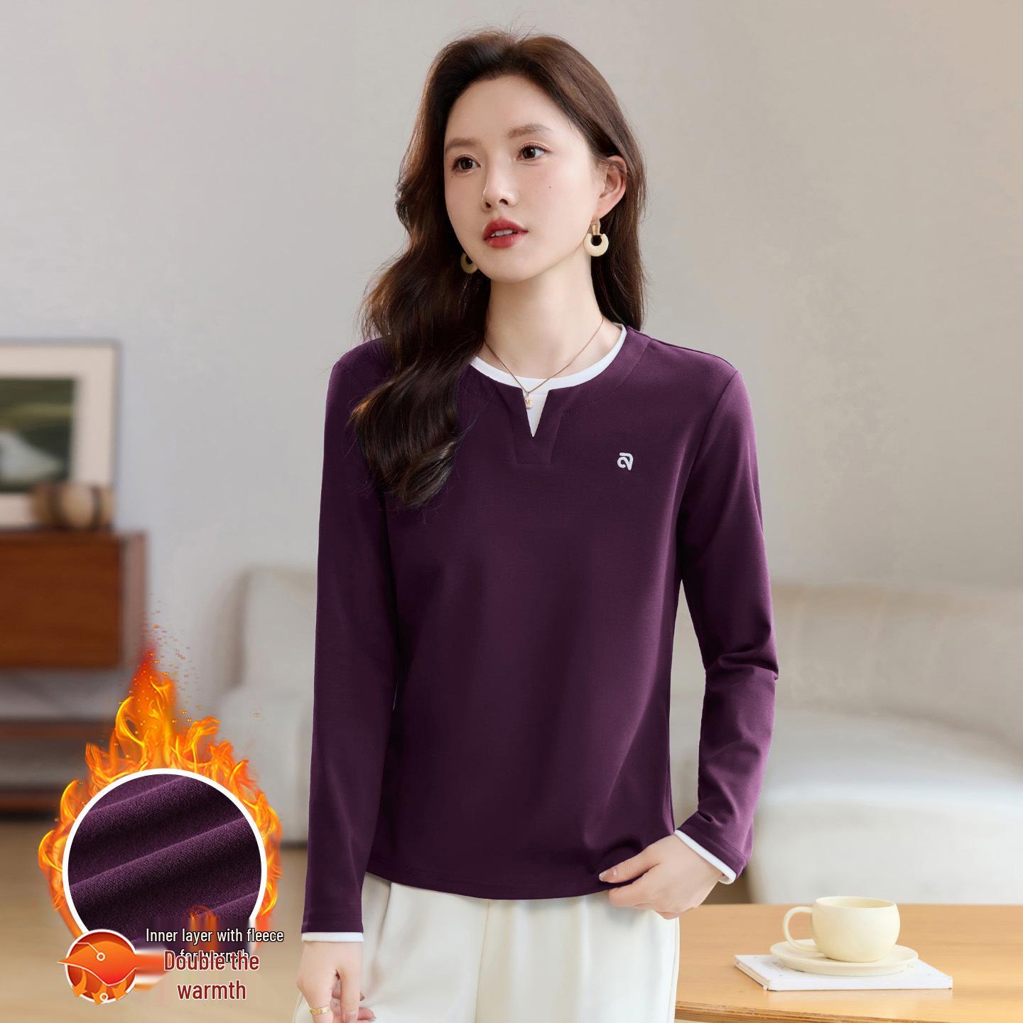 

Women s Grey Long-Sleeved Faux Two-Piece Velvet Base Shirt - 2025 Stylish Autumn/Winter Collection 3XL