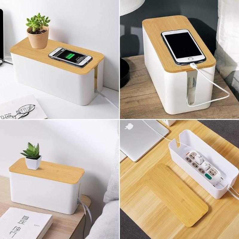 Plastic Desk Cable Management Box Dustproof Cord Organizers Cable Storage Box Wood and Plastic Texture for Home Office
